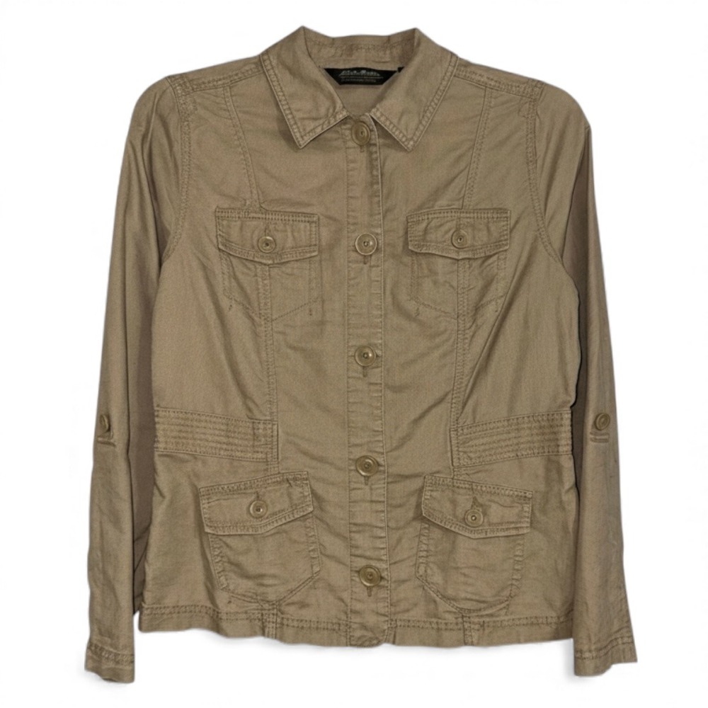 Eddie Bauer Women Tan Linen Cotton Utility Jacket Button Up Roll Tab Sleeve M‎